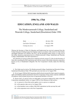 The Monkwearmouth College, Sunderland and Wearside College, Sunderland (Dissolution) Order 1996