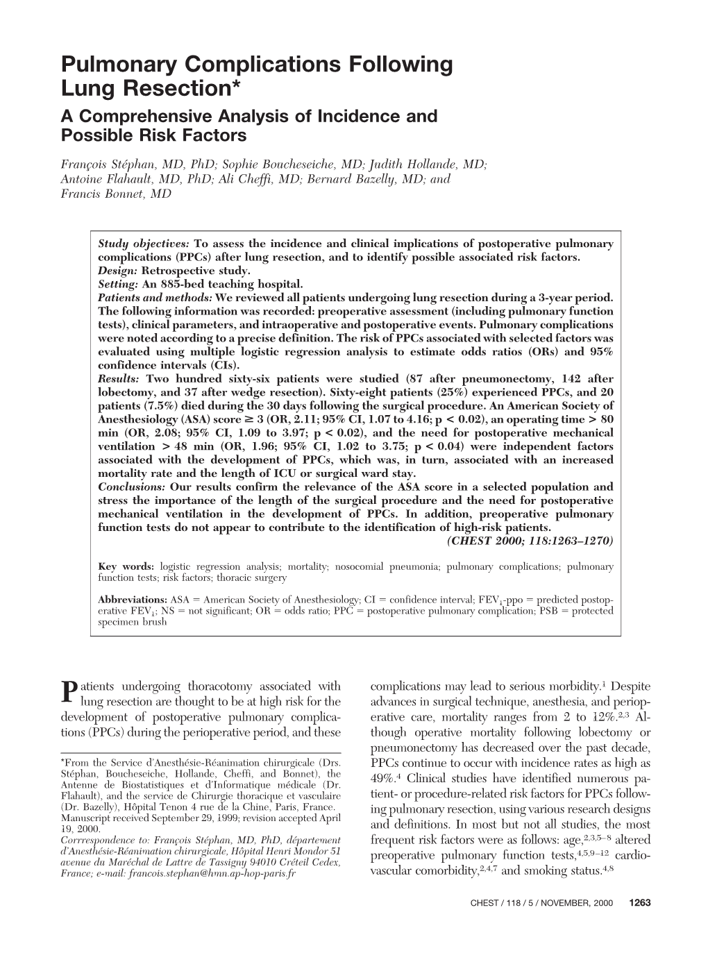 Pulmonary Complications Following Lung Resection* a Comprehensive Analysis of Incidence and Possible Risk Factors