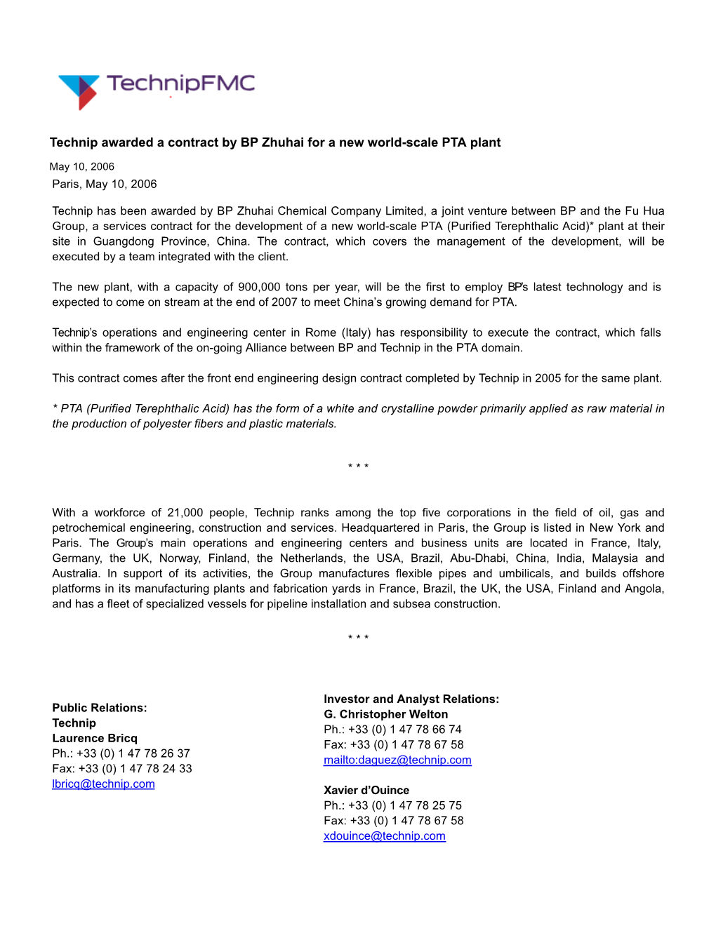 technip-awarded-a-contract-by-bp-zhuhai-for-a-new-world-scale-pta-plant