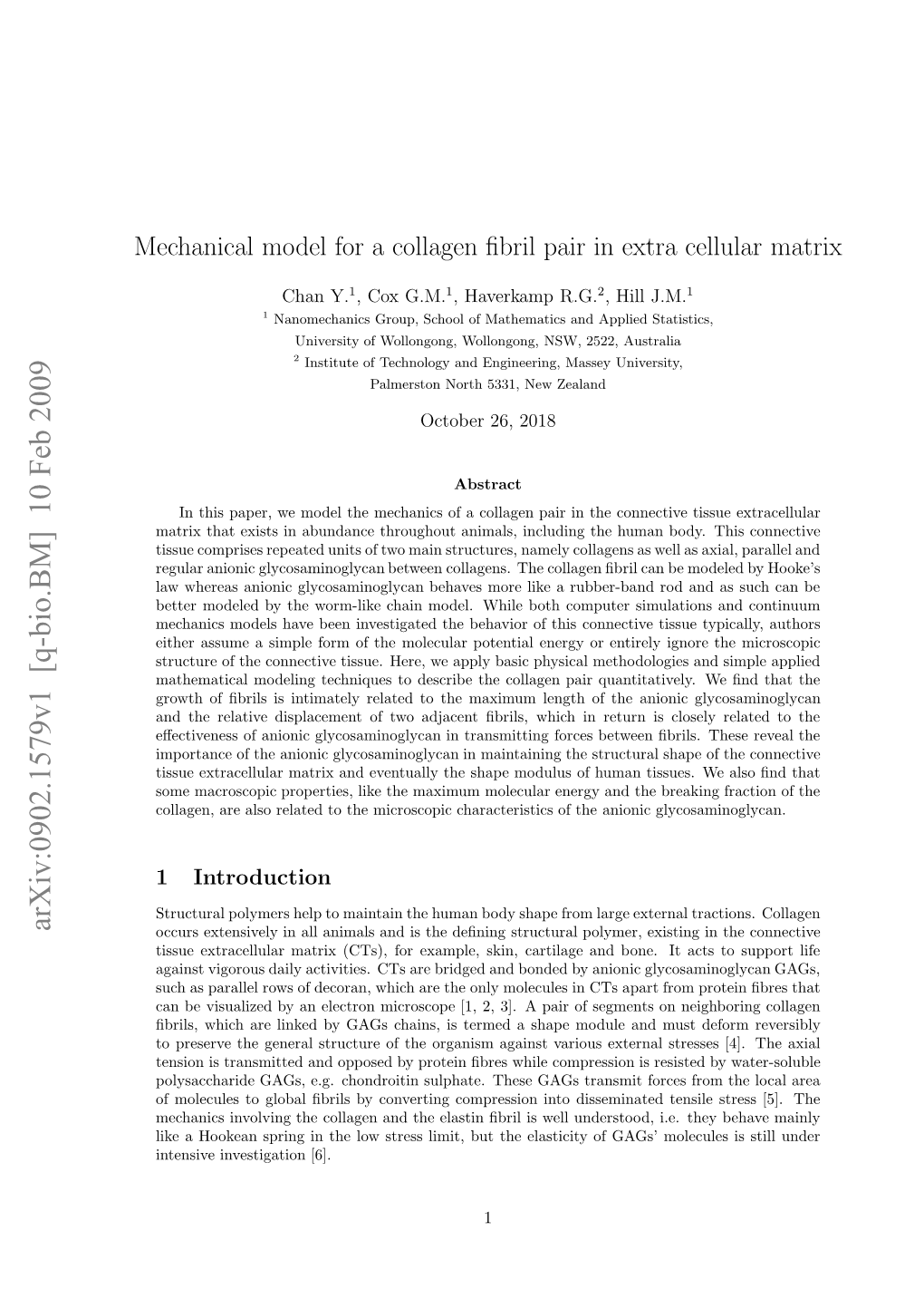 Mechanical Model for a Collagen Fibril Pair in Extracellular Matrix