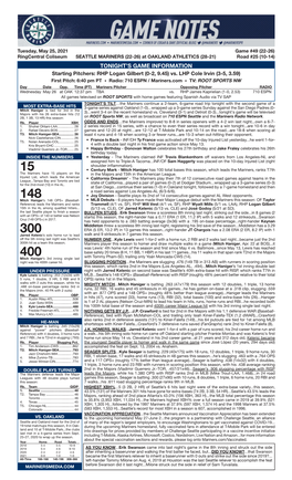 05-25-2021 Mariners Game Notes