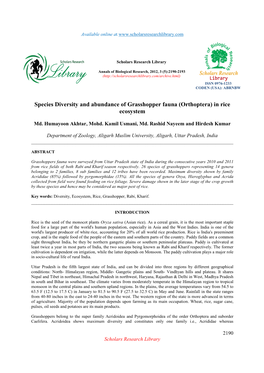 Species Diversity and Abundance of Grasshopper Fauna (Orthoptera) in Rice Ecosystem