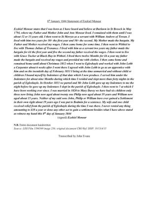 1844 Jan 8 Settlement Statement of Ezekiel Menear, St Breock
