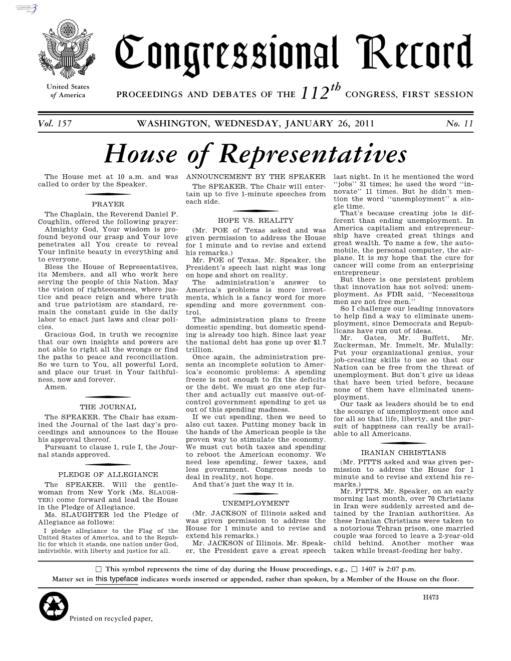 Congressional Record United States Th of America PROCEEDINGS and DEBATES of the 112 CONGRESS, FIRST SESSION