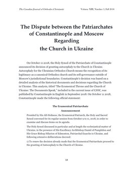 The Dispute Between the Patriarchates of Constantinople and Moscow Regarding the Church in Ukraine