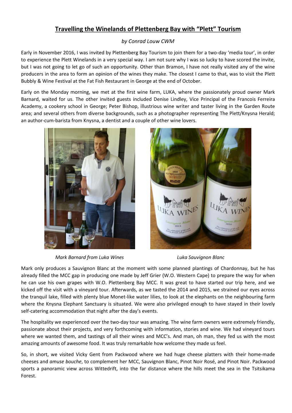 Travelling the Winelands of Plettenberg Bay with “Plett” Tourism by Conrad Louw CWM