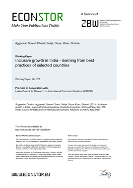 Inclusive Growth in India - Learning from Best Practices of Selected Countries