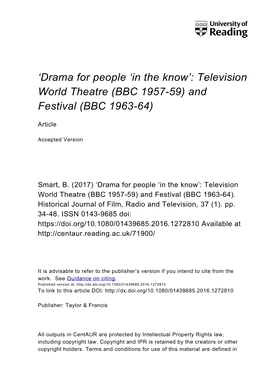 'Drama for People 'In the Know': Television World Theatre (BBC 1957-59) and Festival (BBC 1963-64)