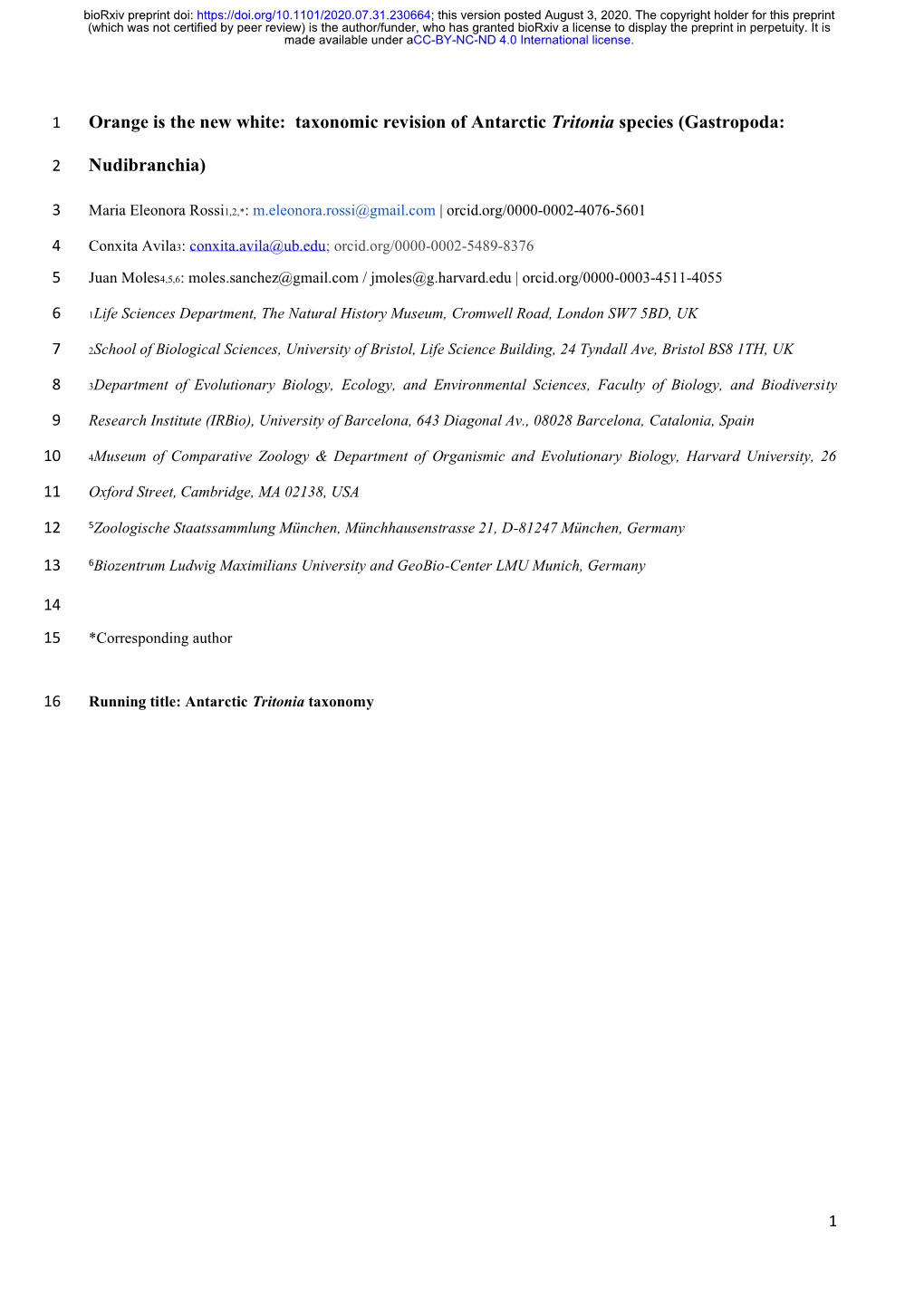 Orange Is the New White: Taxonomic Revision of Antarctic Tritonia Species (Gastropoda