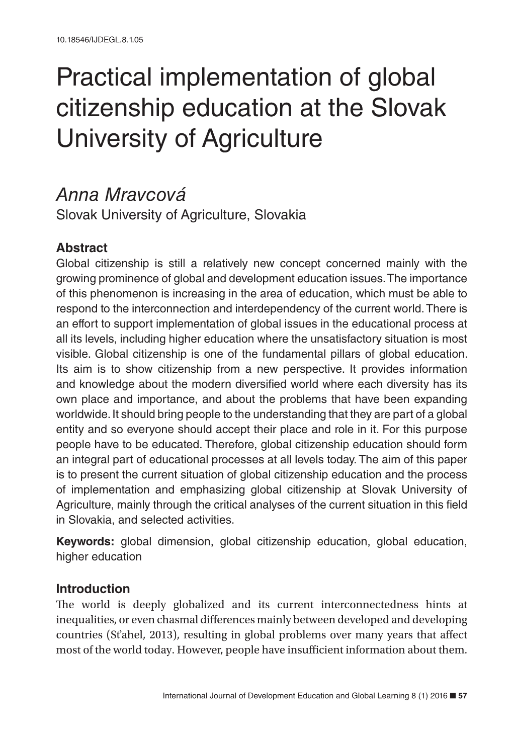 Practical Implementation of Global Citizenship Education at the Slovak University of Agriculture