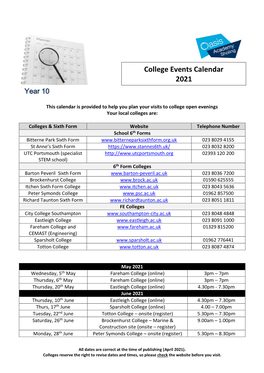 College Events Calendar 2021