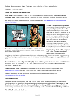 Rockstar Games Announces Grand Theft Auto: Liberty City Stories Now Available for Ios