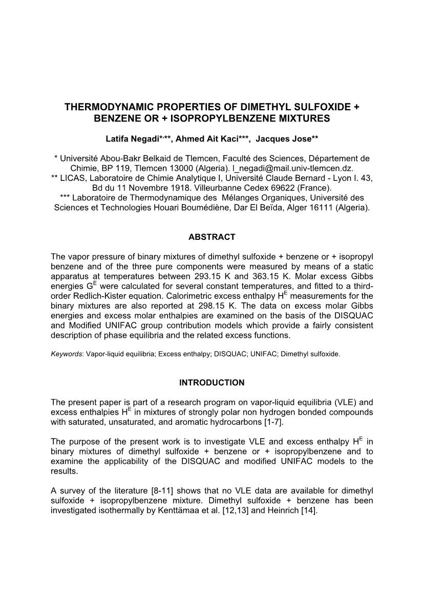 Thermodynamic Properties of Dimethyl Sulfoxide + Benzene Or + Isopropylbenzene Mixtures