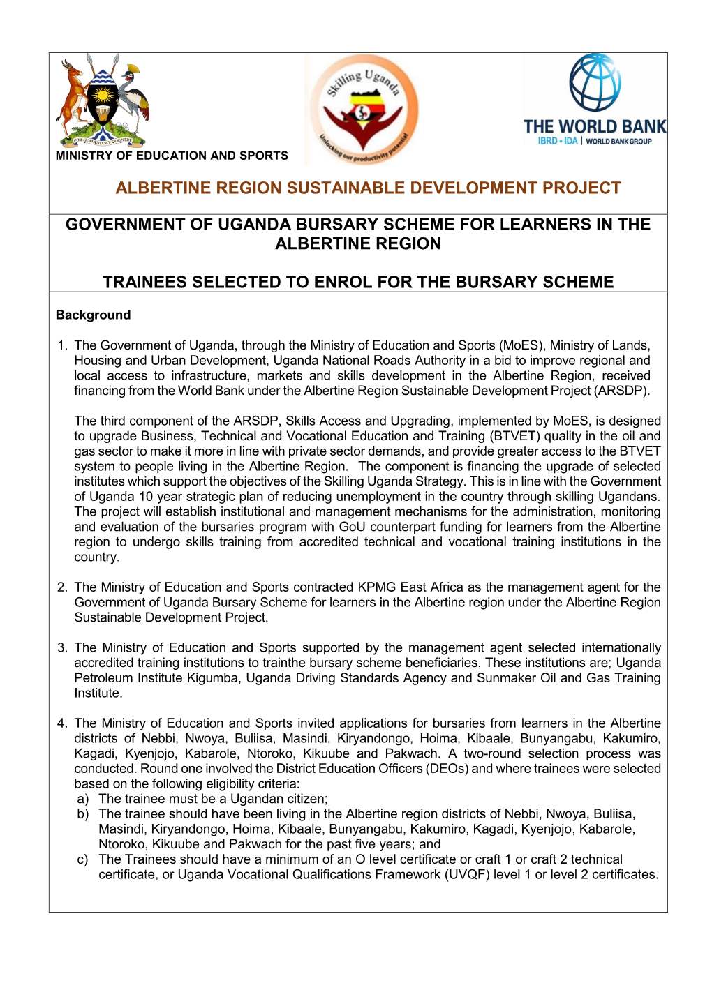 Government of Uganda Bursary Scheme for Learners in the Albertine Region