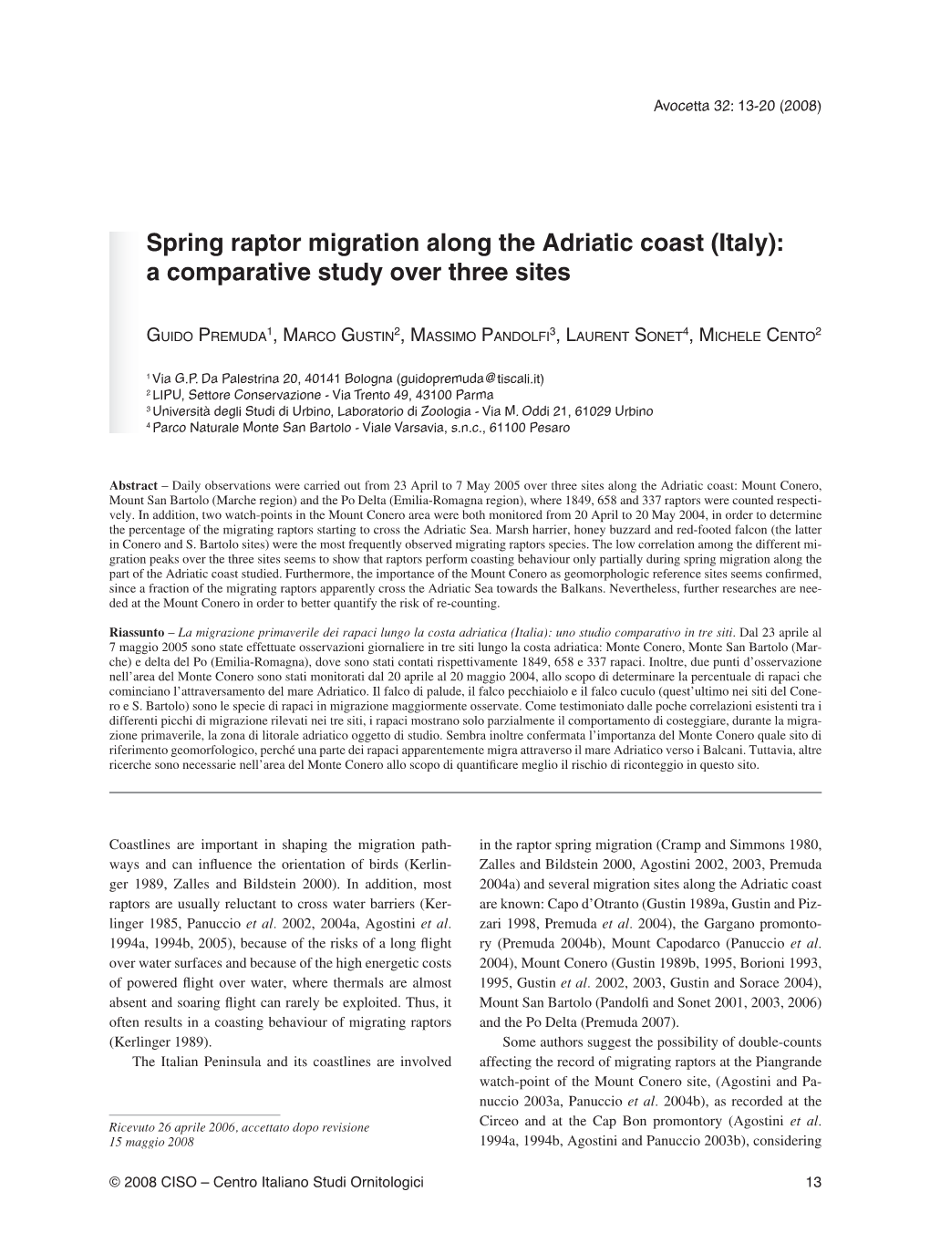 Spring Raptor Migration Along the Adriatic Coast (Italy): a Comparative Study Over Three Sites