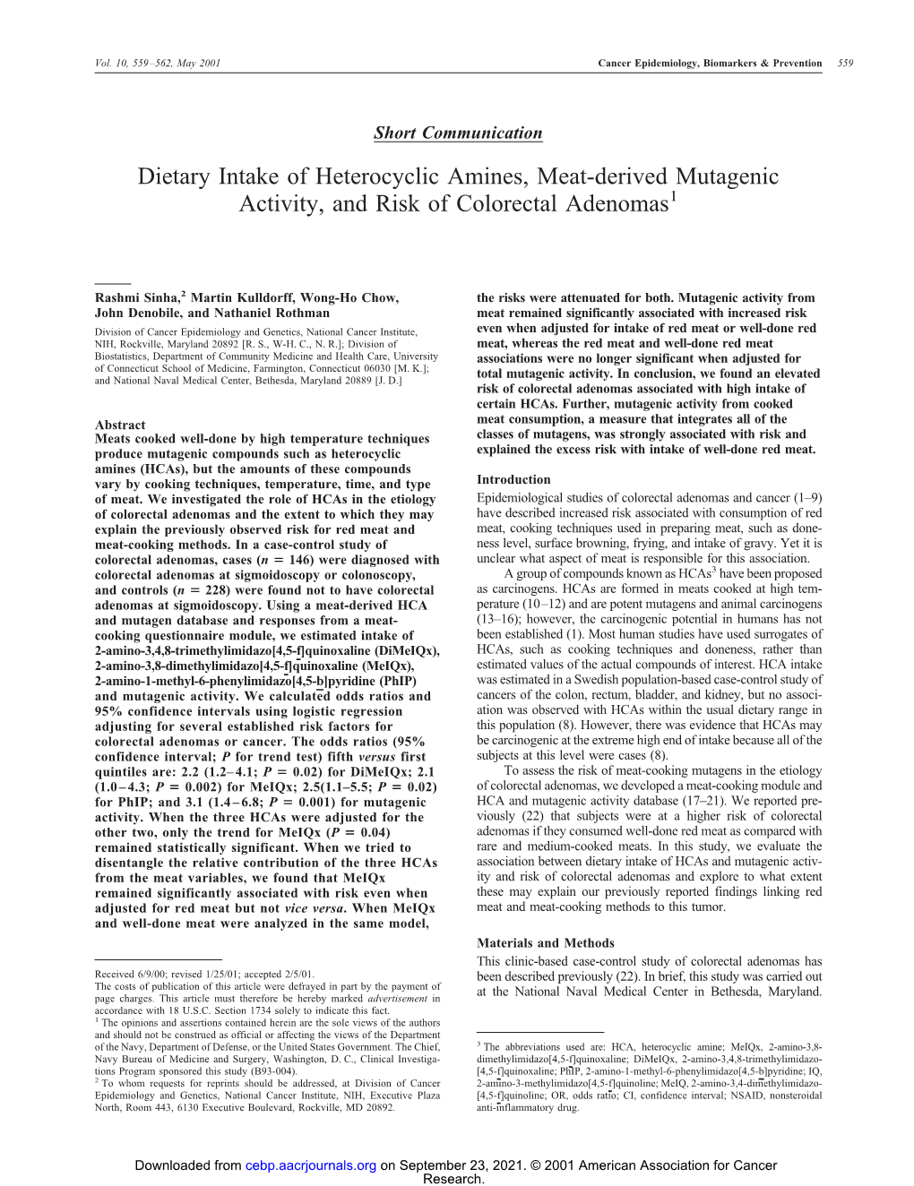 Dietary Intake of Heterocyclic Amines, Meat-Derived Mutagenic Activity, and Risk of Colorectal Adenomas1