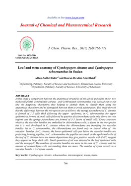 Leaf and Stem Anatomy of Cymbopogon Citratus and Cymbopogon Schoenanthus in Sudan
