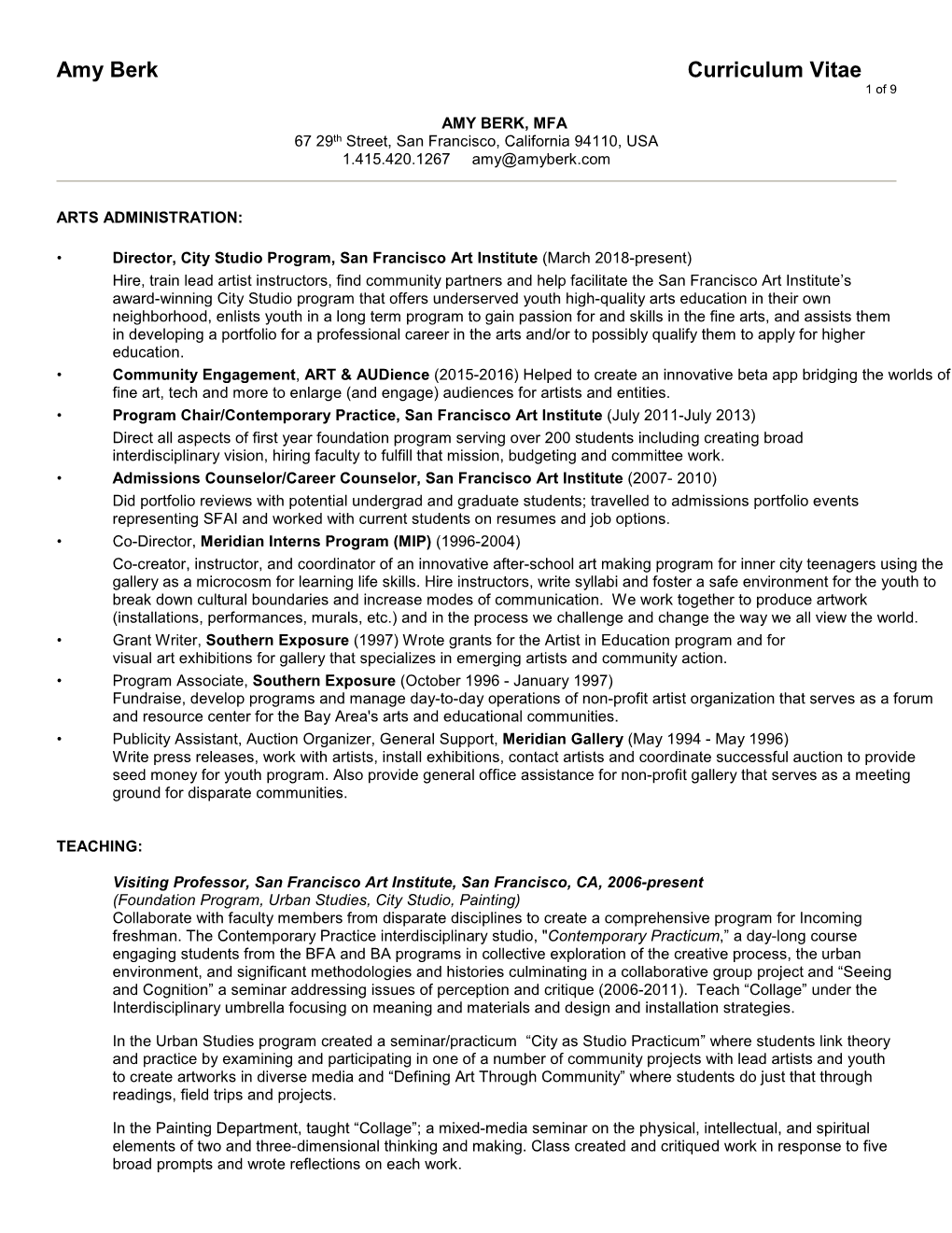 Amy Berk Curriculum Vitae 1 of 9