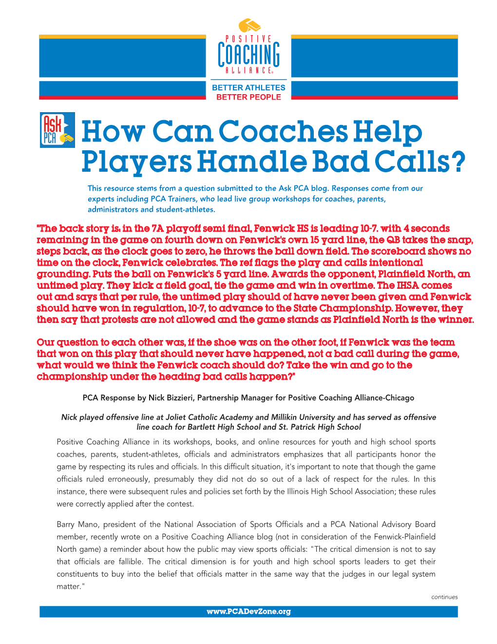 How Can Coaches Help Players Handle Bad Calls? This Resource Stems from a Question Submitted to the Ask PCA Blog