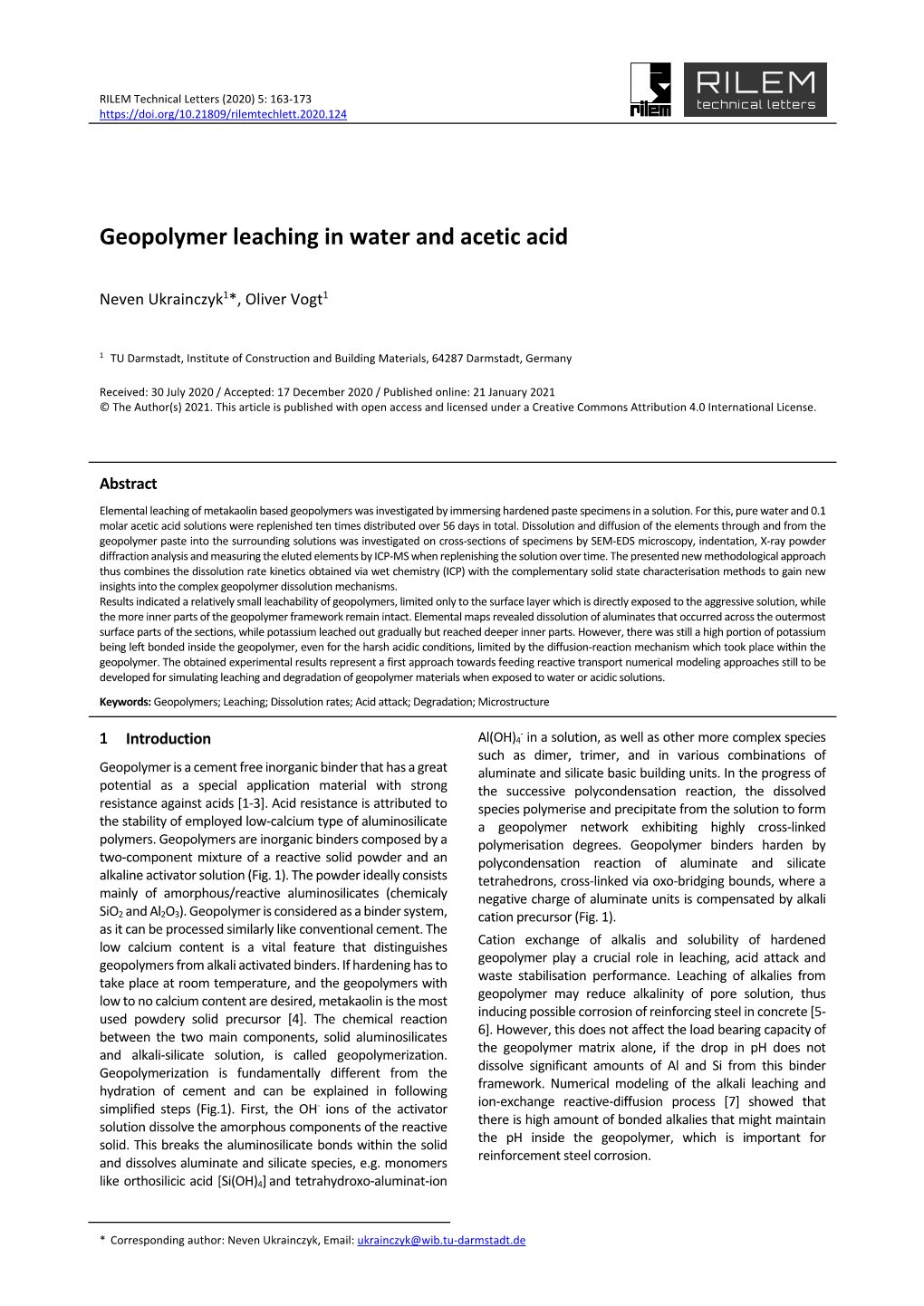 Geopolymer Leaching in Water and Acetic Acid