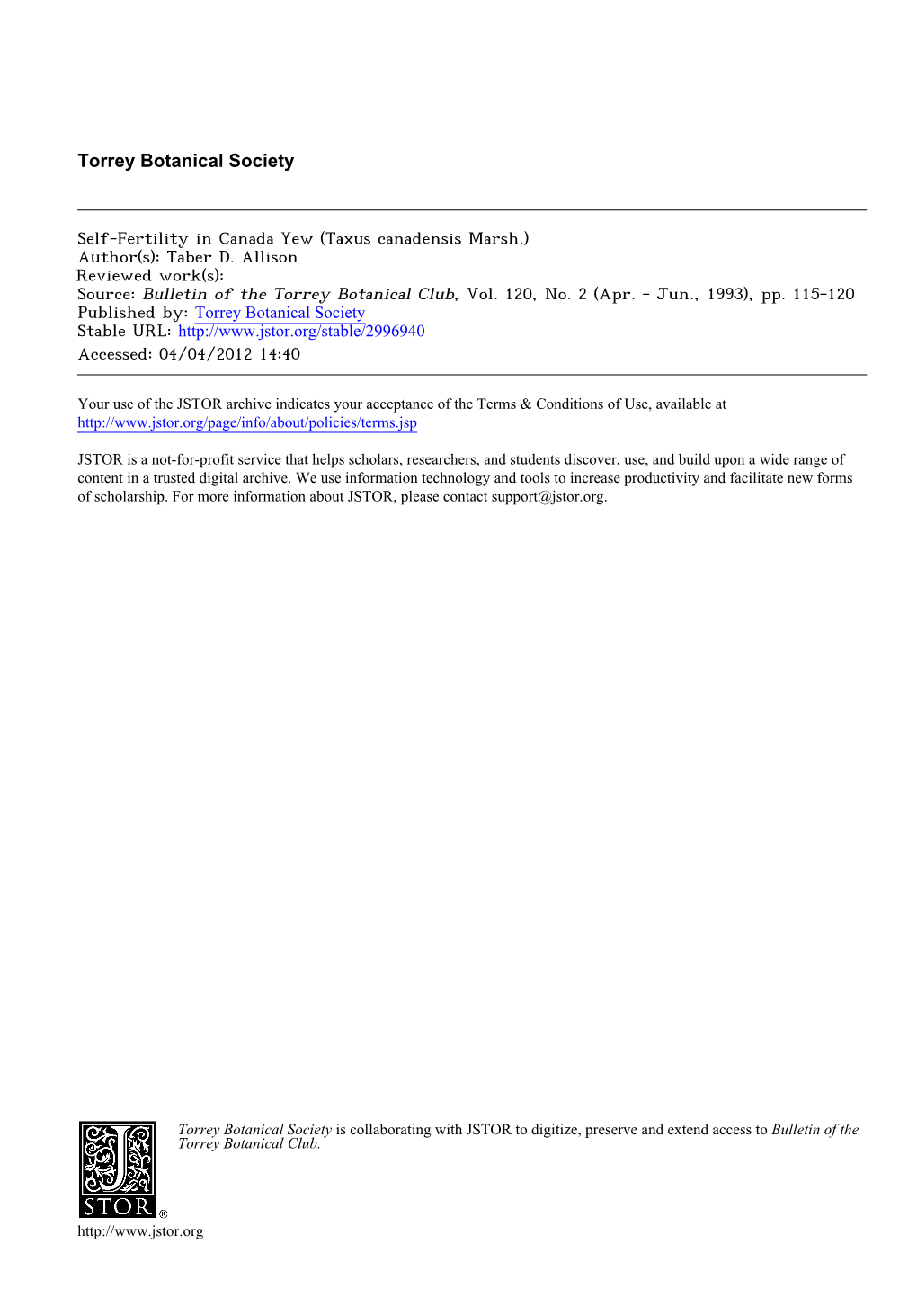 Self-Fertility in Canada Yew (Taxus Canadensis Marsh.) Author(S): Taber D