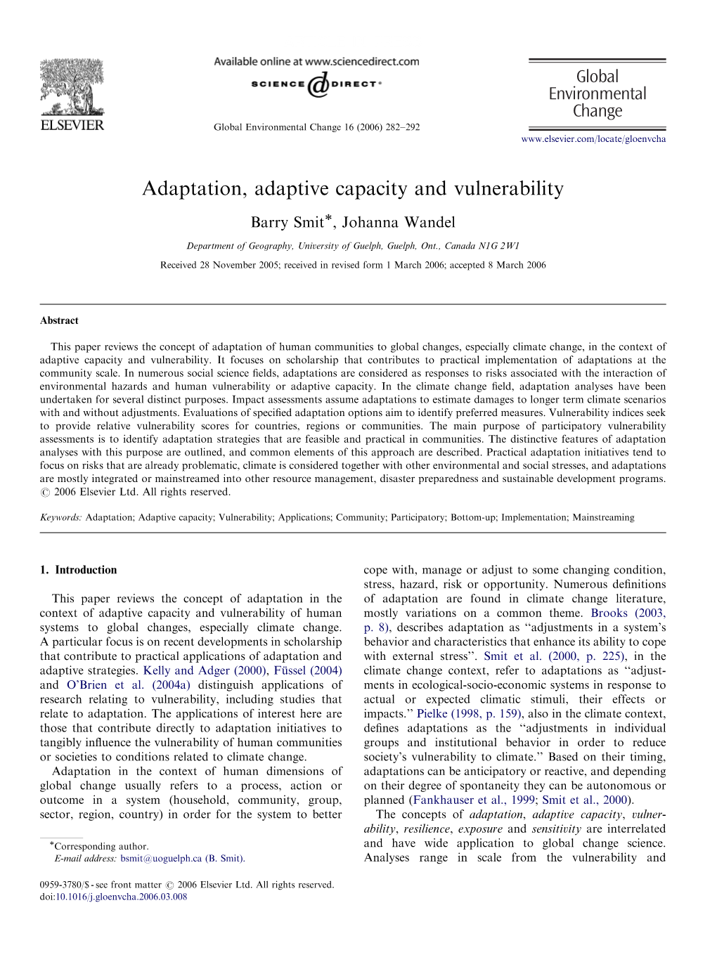 Adaptation, Adaptive Capacity and Vulnerability