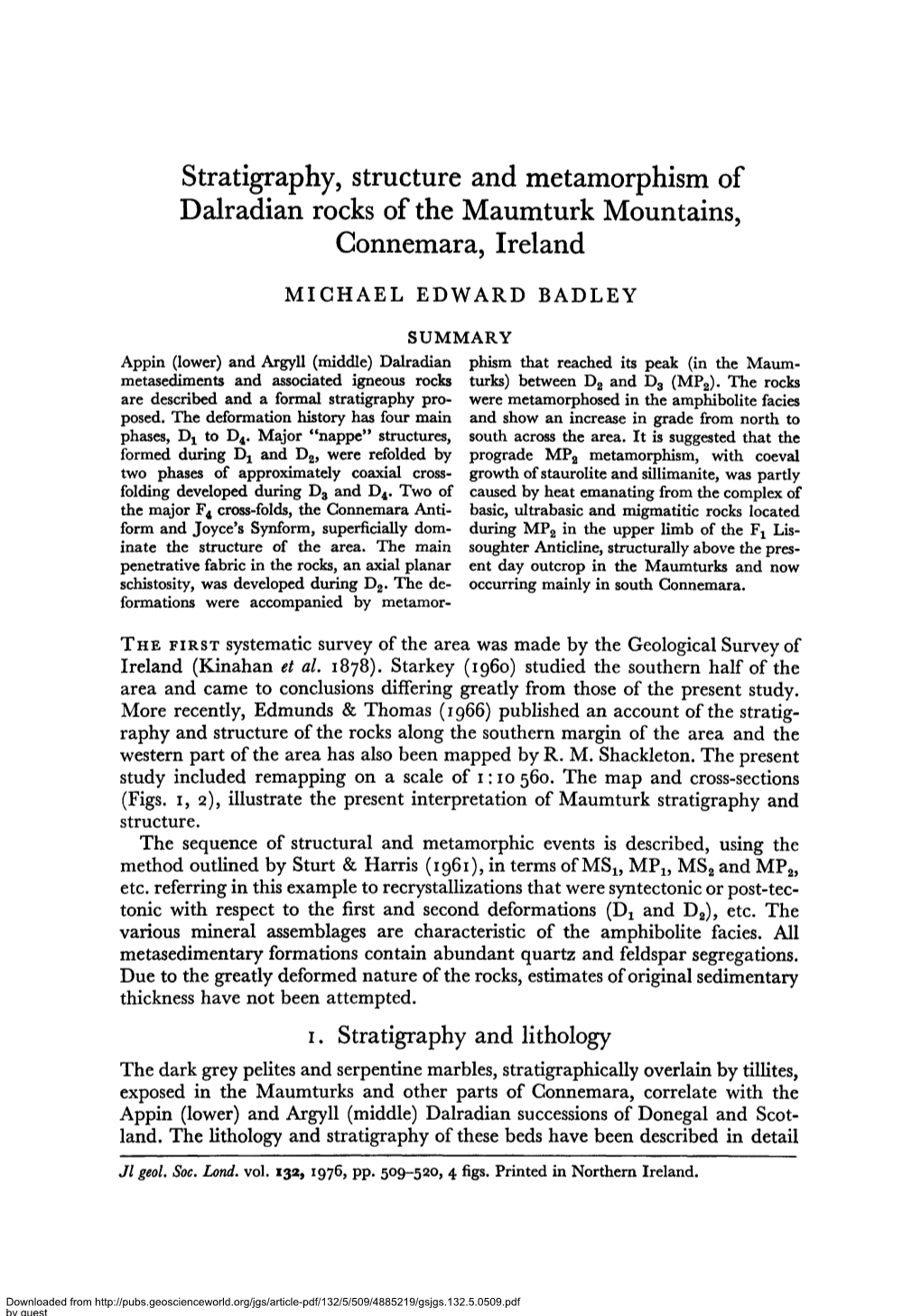 Stratigraphy, Structure and Metamorphism of Dalradian Rocks of the Maumturk Mountains, Connemara, Ireland