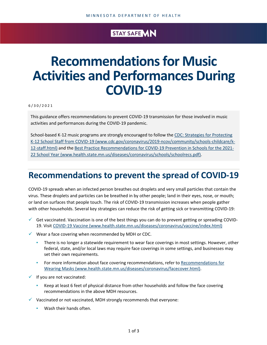 Recommendations for Music Activities and Performances During COVID-19