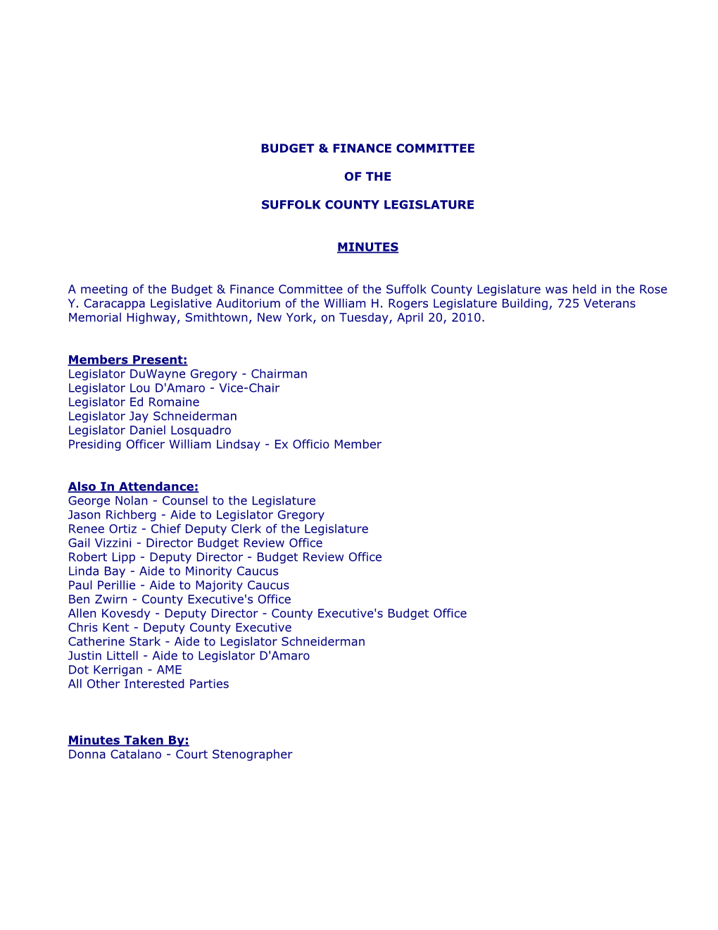 04/20/2010 Budget & Finance Committee Regular Meeting Minutes