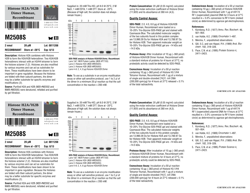 Datasheet for Histone H2A/H2B Dimer Human, Recombinant (M2508; Lot