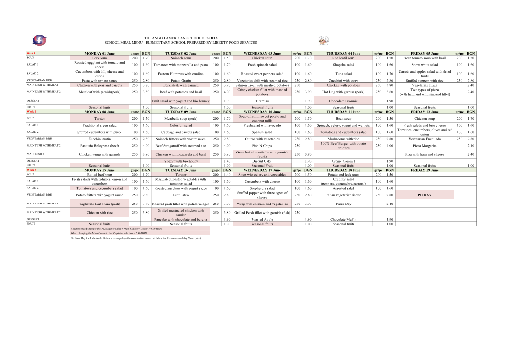 The Anglo American School of Sofia School Meal Menu - Elementary School Prepared by Liberty Food Services