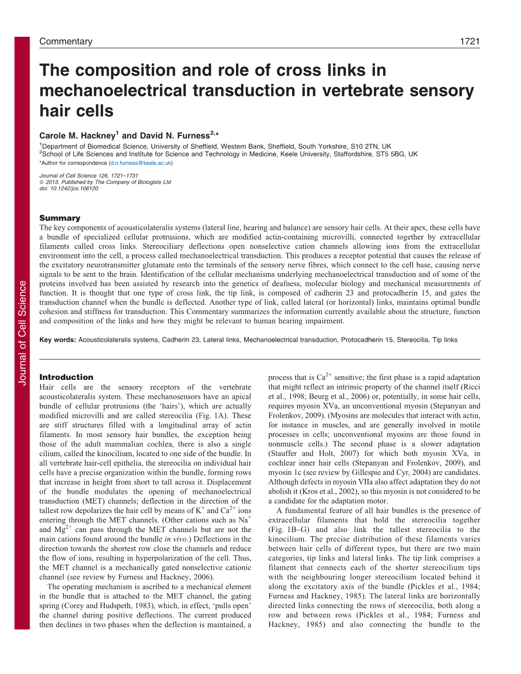 The Composition and Role of Cross Links in Mechanoelectrical Transduction in Vertebrate Sensory Hair Cells