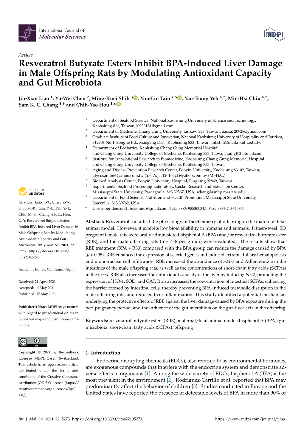 Resveratrol Butyrate Esters Inhibit BPA-Induced Liver Damage in Male Offspring Rats by Modulating Antioxidant Capacity and Gut Microbiota