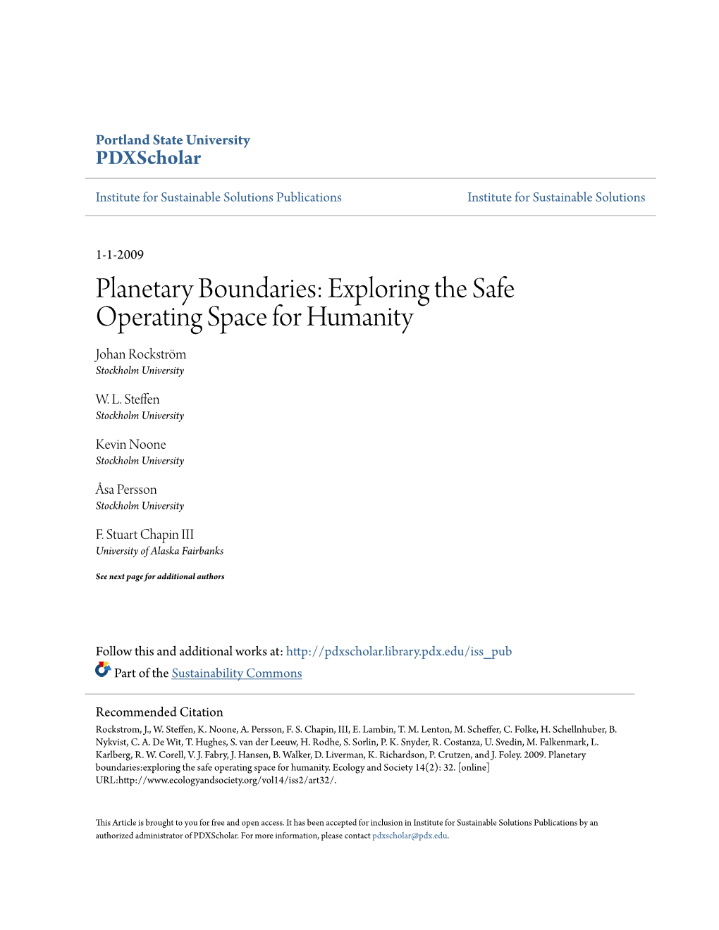 Planetary Boundaries: Exploring the Safe Operating Space for Humanity Johan Rockström Stockholm University