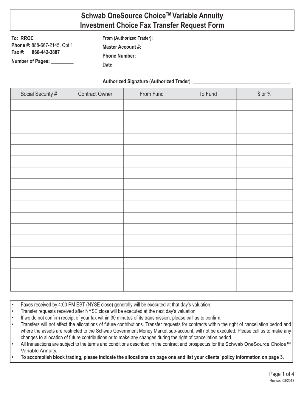 Schwab Onesource Choicetm Variable Annuity Investment Choice Fax Transfer Request Form