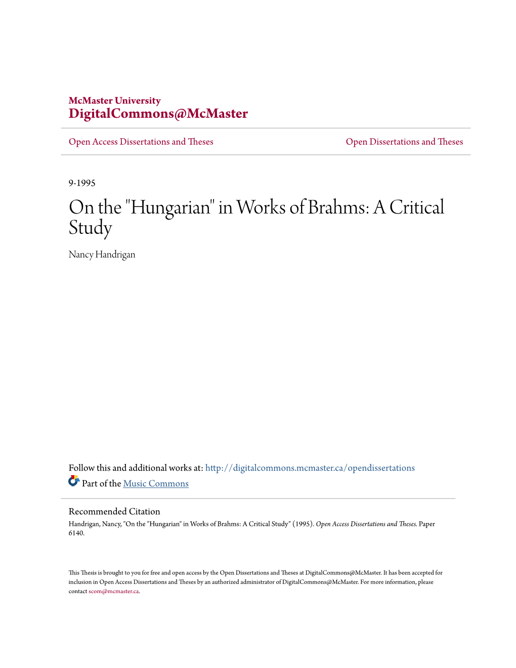 "Hungarian" in Works of Brahms: a Critical Study Nancy Handrigan