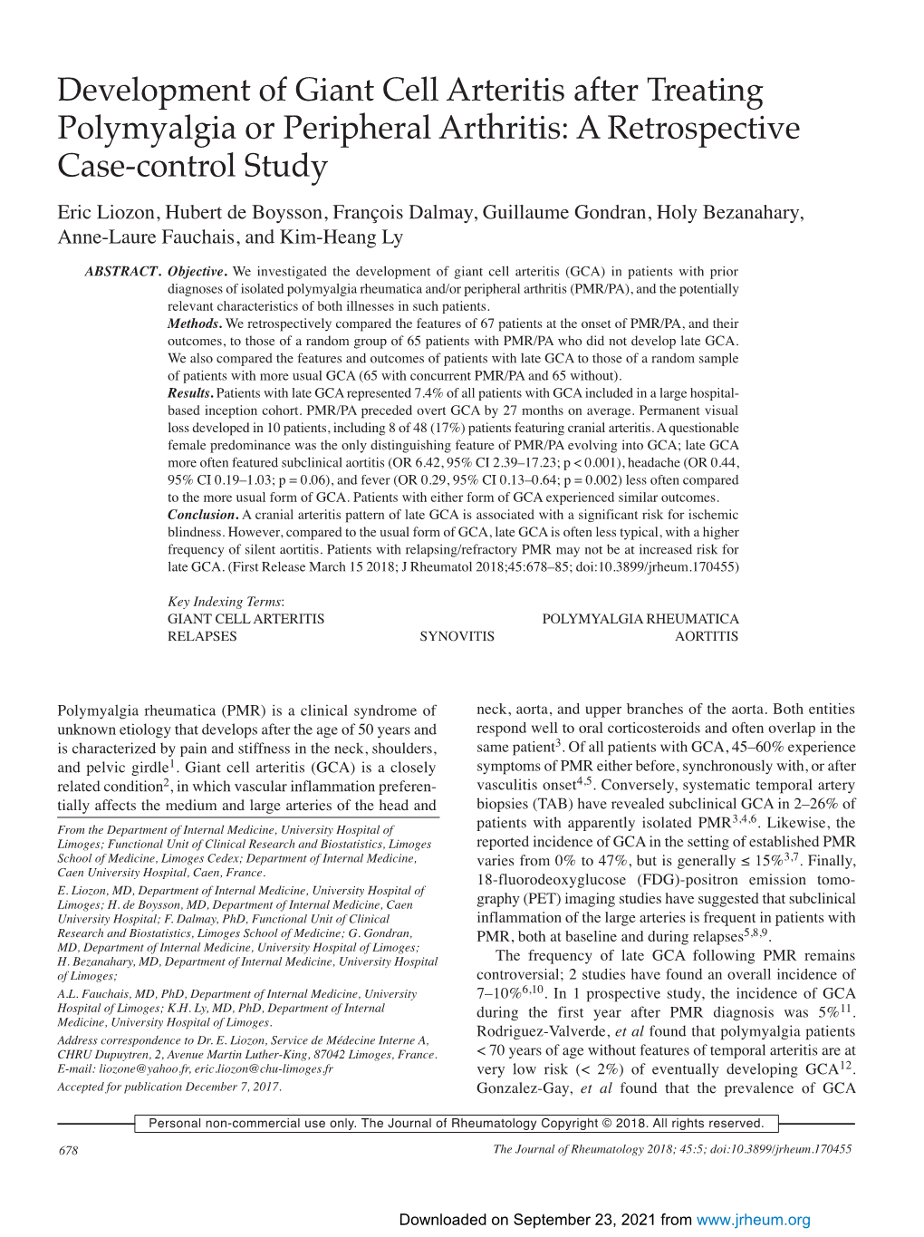 Development of Giant Cell Arteritis After Treating Polymyalgia Or Peripheral Arthritis: a Retrospective Case-Control Study