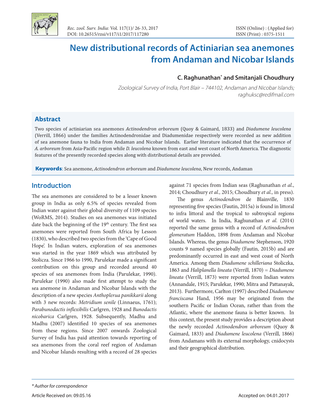 New Distributional Records of Actiniarian Sea Anemones from Andaman and Nicobar Islands