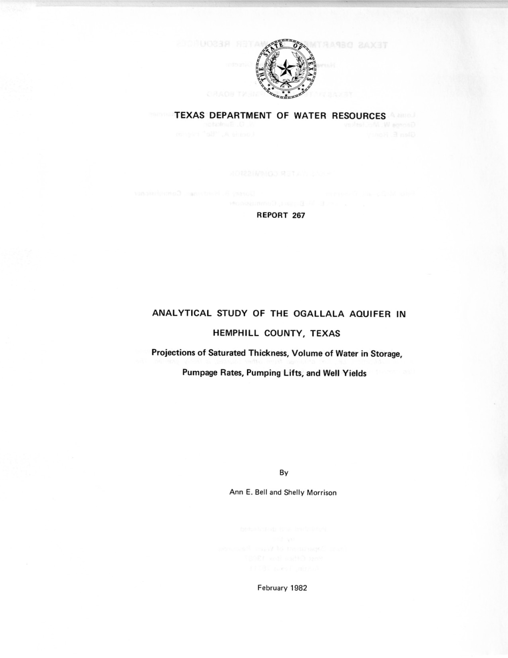 ANALYTICAL STUDY of the OGALLALA AQUIFER in Hemphill County, Texas