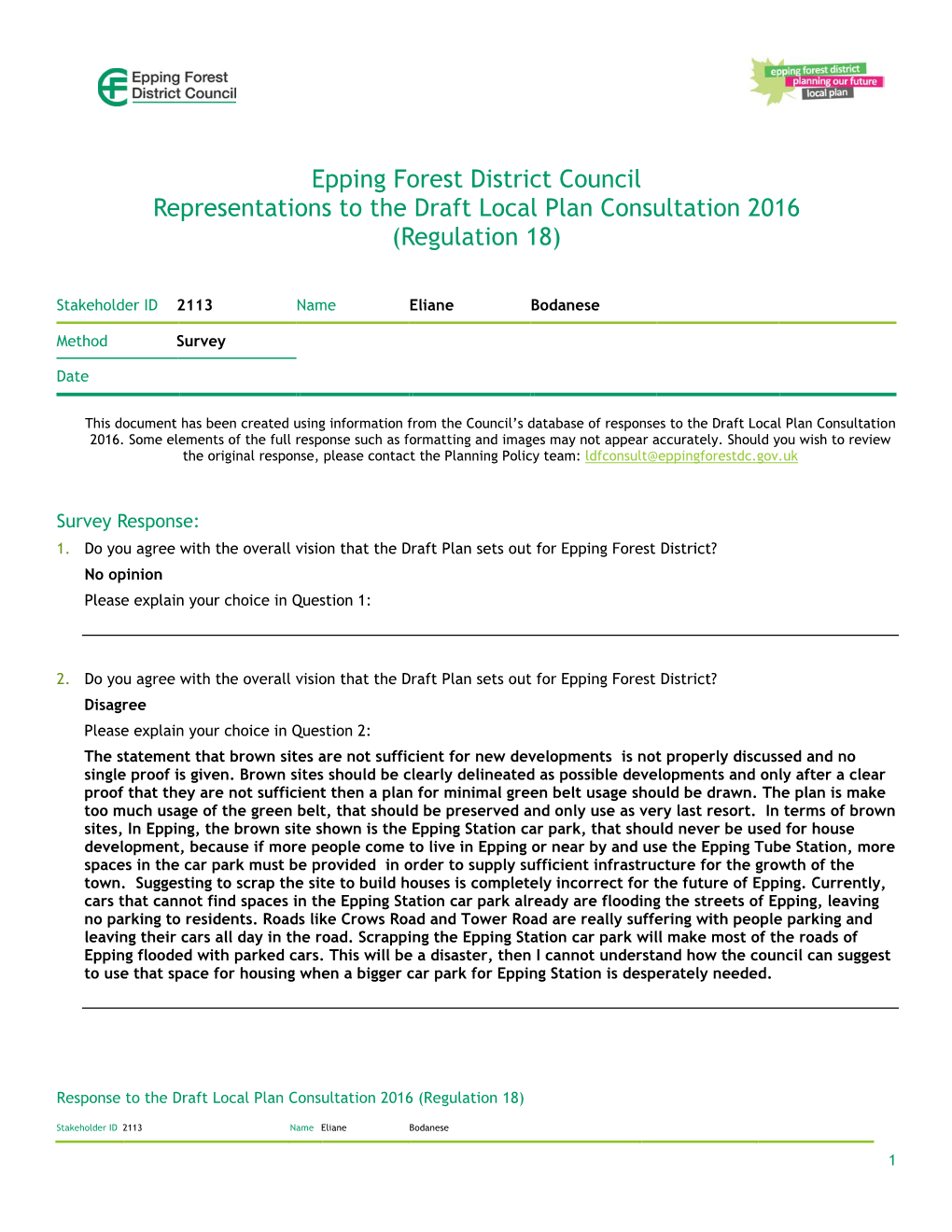 Epping Forest District Council Representations to the Draft Local Plan Consultation 2016 (Regulation 18)