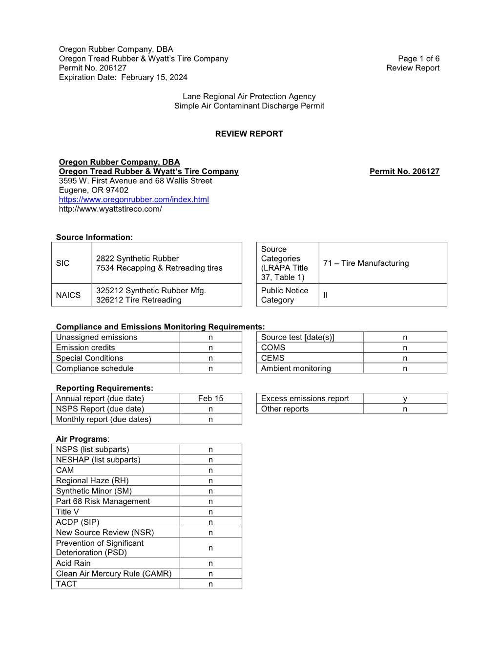 Oregon Rubber Company, DBA Oregon Tread Rubber & Wyatt’S Tire Company Page 1 of 6 Permit No