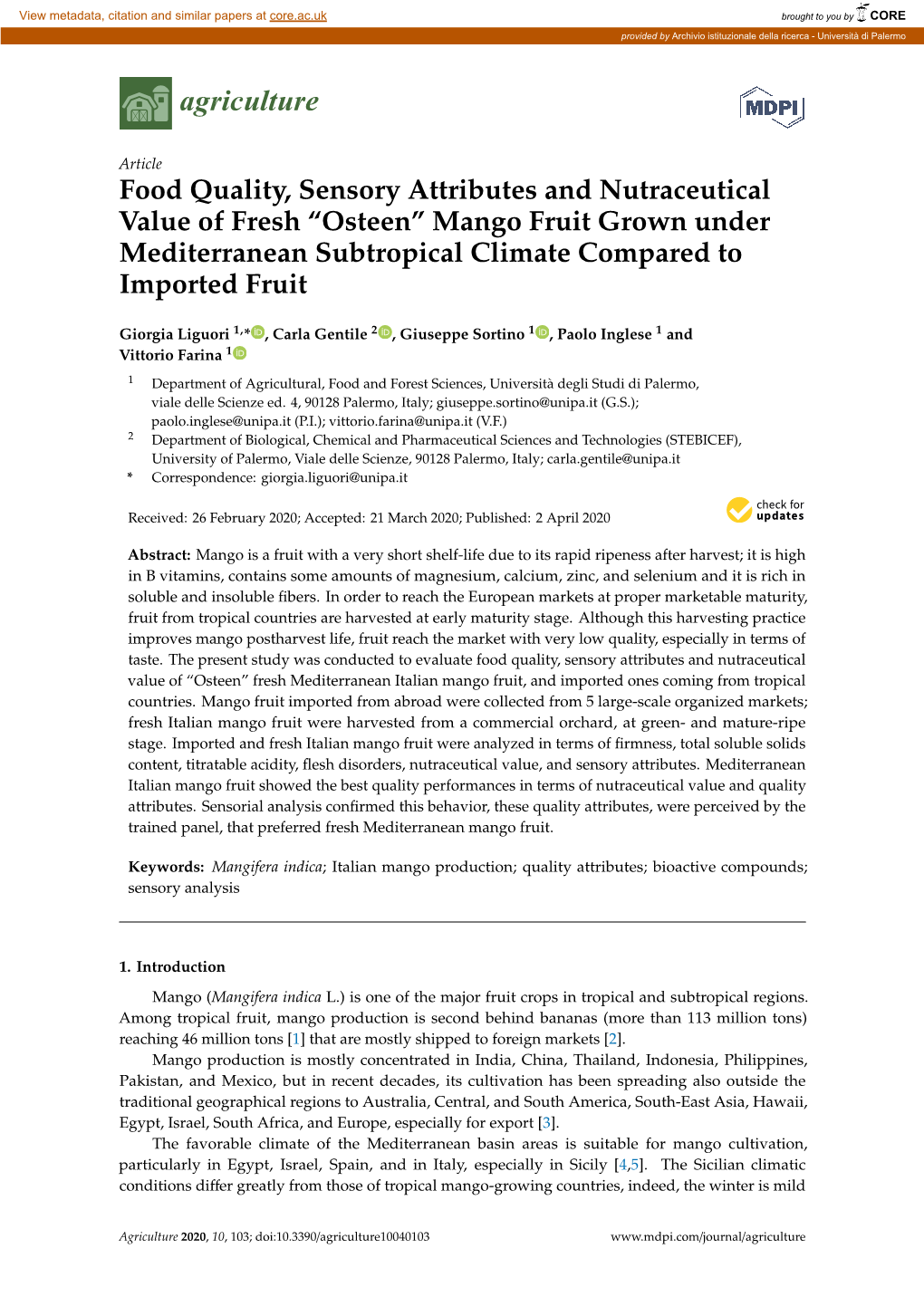 “Osteen” Mango Fruit Grown Under Mediterranean Subtropical Climate Compared to Imported Fruit