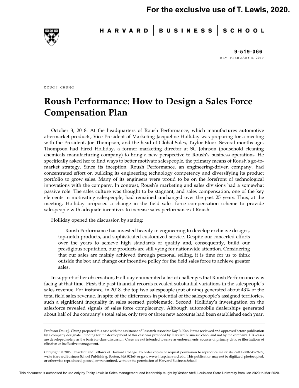 Roush Performance: How to Design a Sales Force Compensation Plan