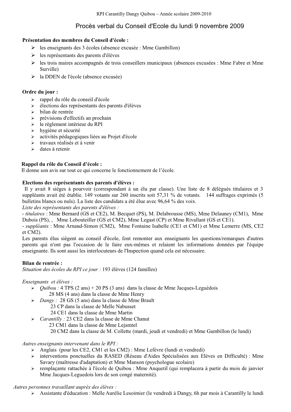 Procès Verbal Du Conseil D'ecole Du Lundi 9 Novembre 2009