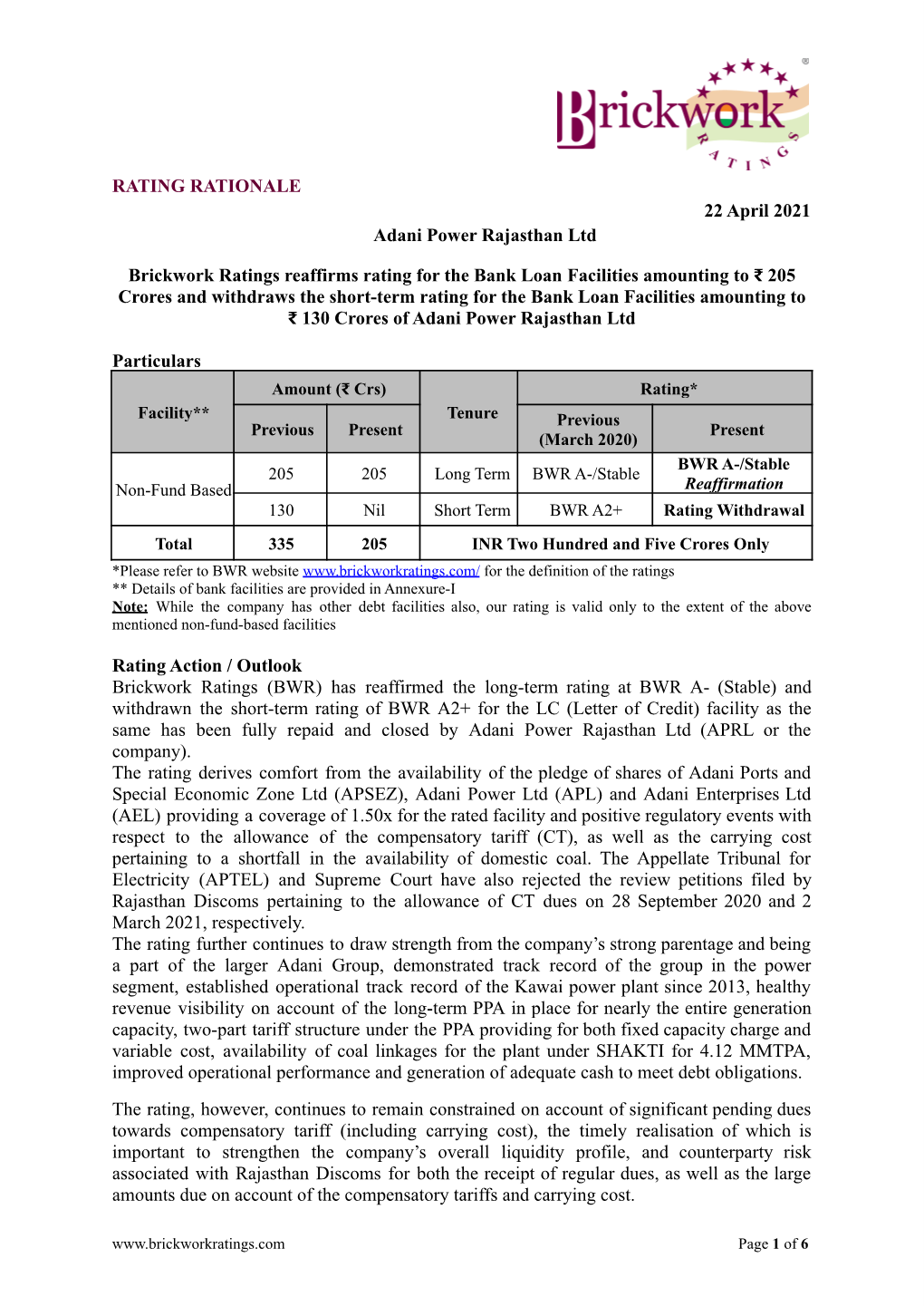 RATING RATIONALE 22 April 2021 Adani Power Rajasthan Ltd