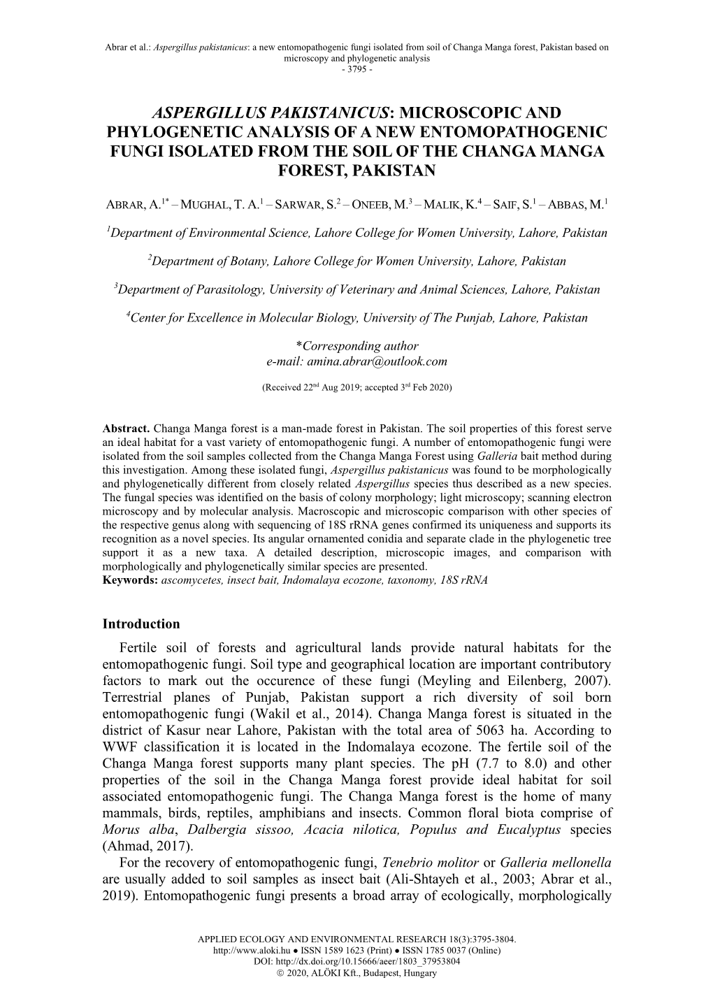 Aspergillus Pakistanicus: a New Entomopathogenic Fungi Isolated from Soil of Changa Manga Forest, Pakistan Based on Microscopy and Phylogenetic Analysis - 3795