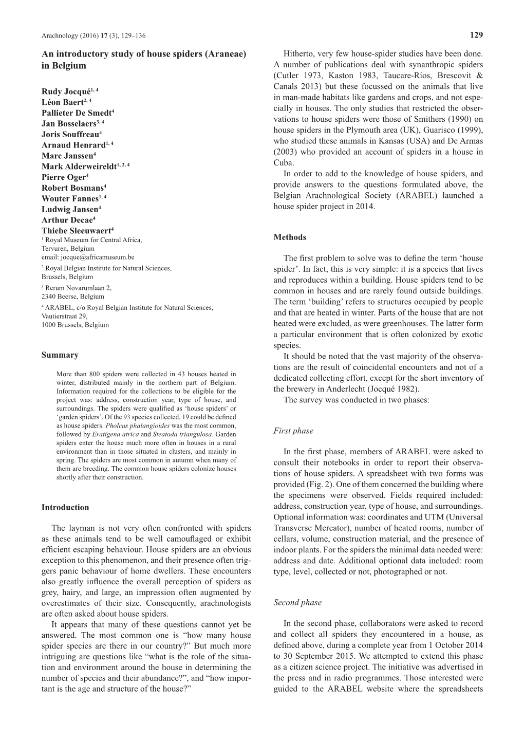 An Introductory Study of House Spiders (Araneae) in Belgium