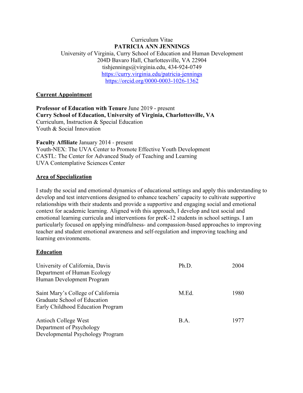 Curriculum Vitae PATRICIA ANN JENNINGS University of Virginia