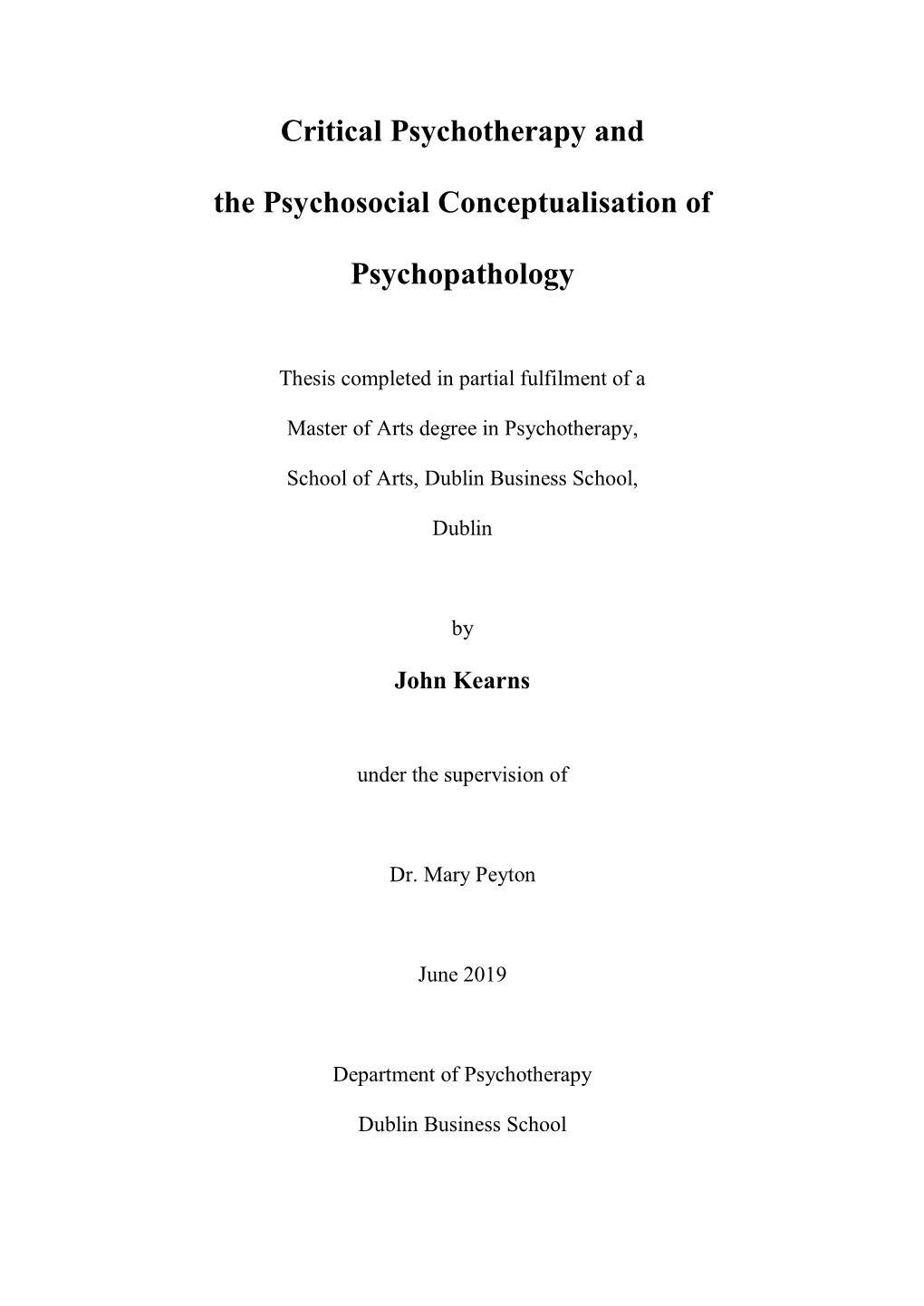 Critical Psychotherapy and the Psychosocial Conceptualisation Of