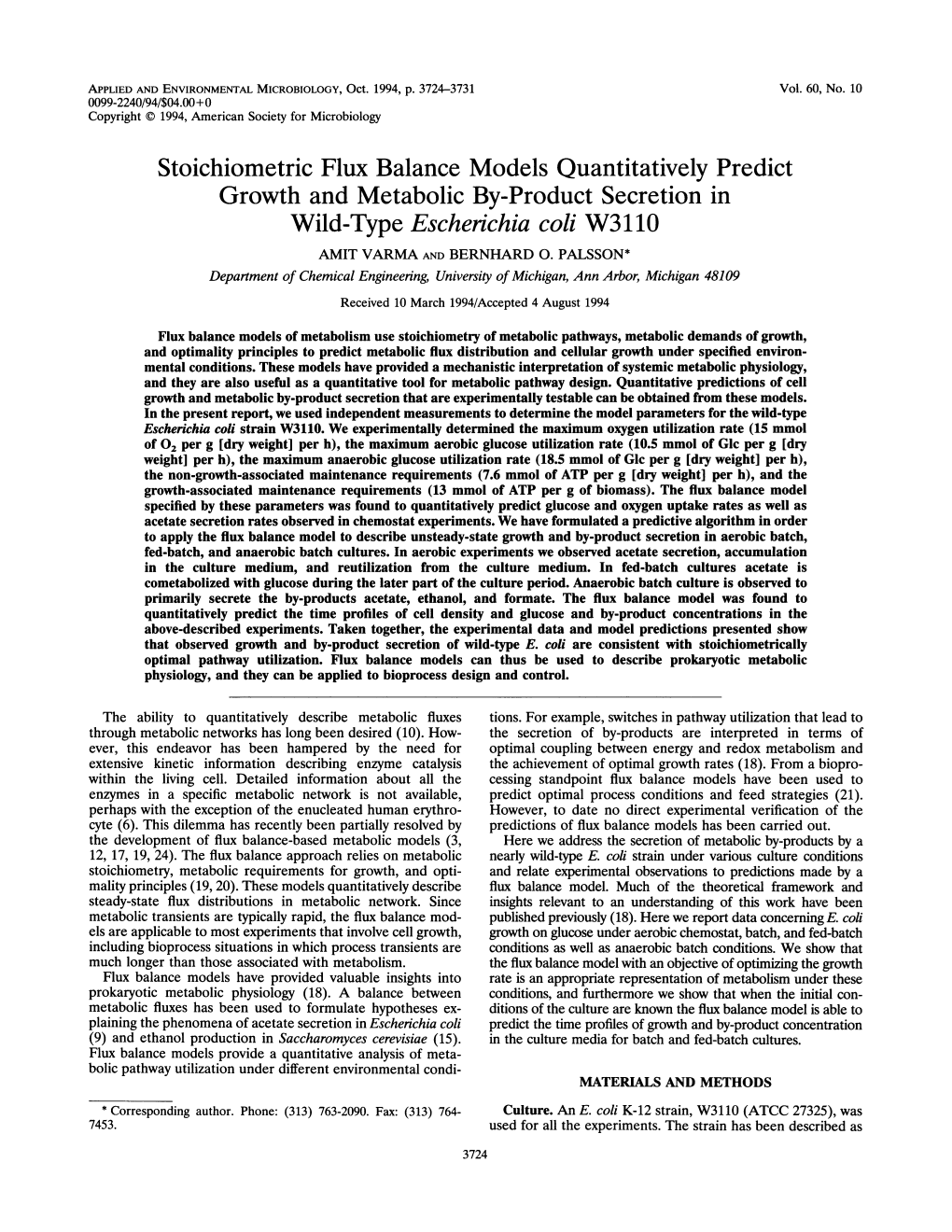 Stoichiometric Flux Balance Models Quantitatively Predict Growth and Metabolic By-Product Secretion in Wild-Type Escherichia Coli W3110